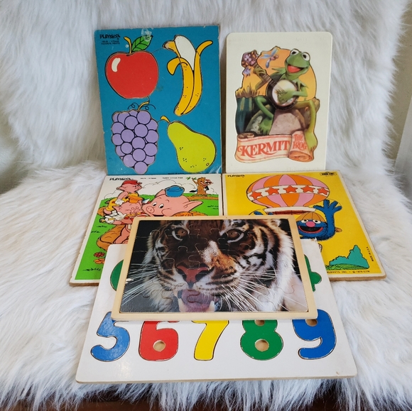 6 Large 80s vintage wooden puzzles Numbers Sesame Street Kermit & More - Picture 11 of 11